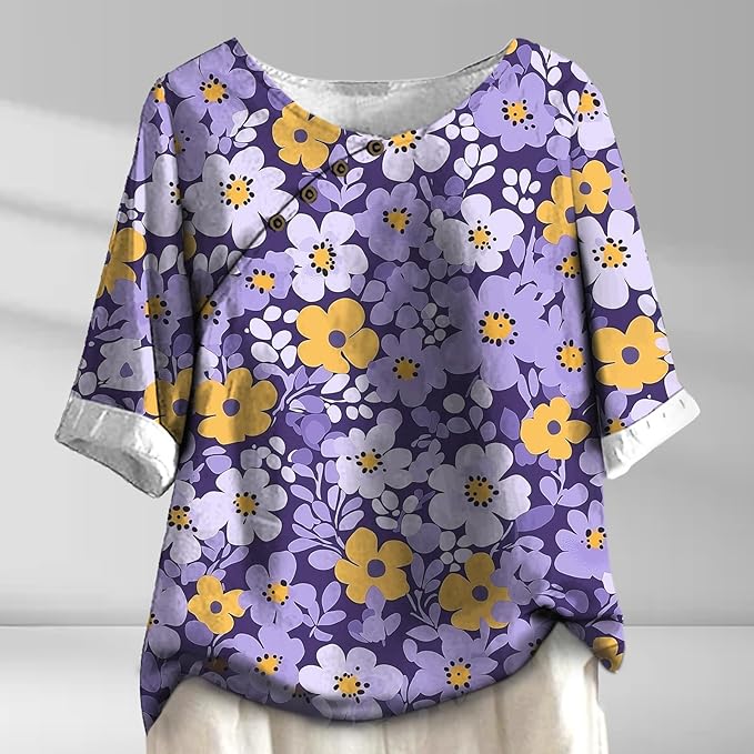 Women's Shirts Dressy Casual Asymmetric Side Button Down Design Tops Summer Loose Fit Crewneck Graphic Tees