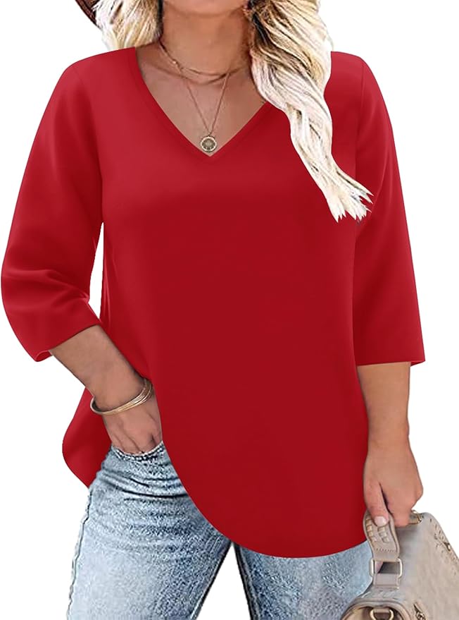 TFSDOD Womens Plus Size Tops V Neck T Shirts 3/4 Sleeve Blouse Summer Casual Tees XL-5X