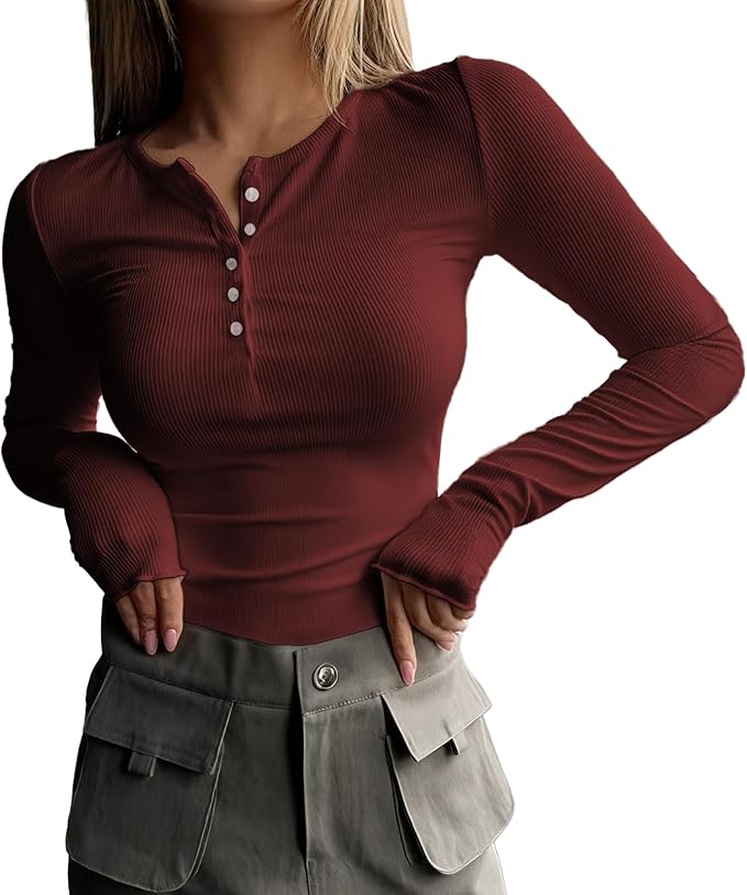 MARSVOVO Fashion Crop Tops for Women Scoop Neck Button Comfy Ribbed Slim Fit Cute Shirts Casual Party Fall Tops