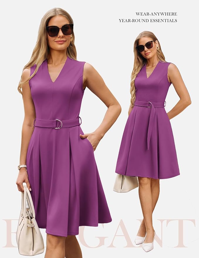 GRACE KARIN Work Dresses for Women 2026 V Neck Fit and Flare Midi Dresses Office Business Dress with Belt and Pockets