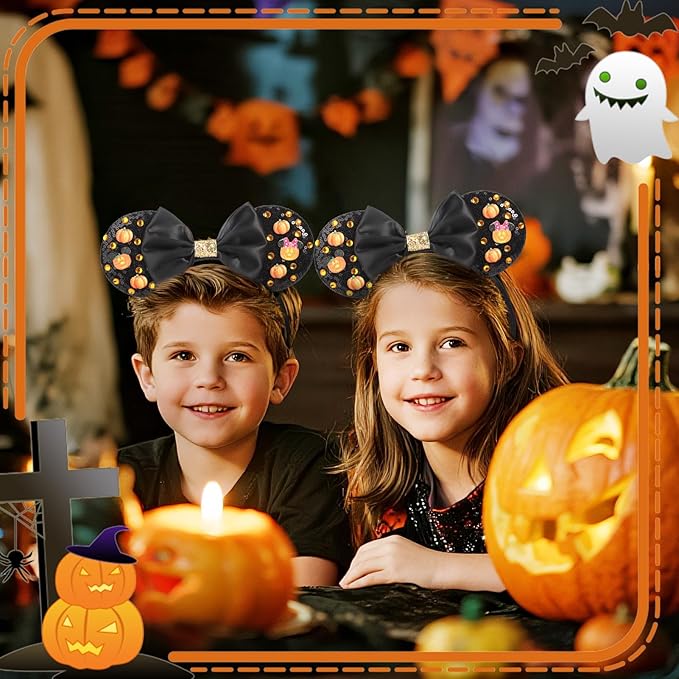 ETLUK Halloween Headband with Pumpkin & Orange Acrylic Rhinestones, Sparkly Sequin Bow Halloween Mouse Ears Accessories for Women, Girls, Adults