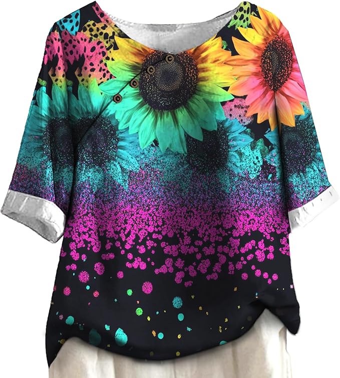 Women's Shirts Dressy Casual Asymmetric Side Button Down Design Tops Summer Loose Fit Crewneck Graphic Tees