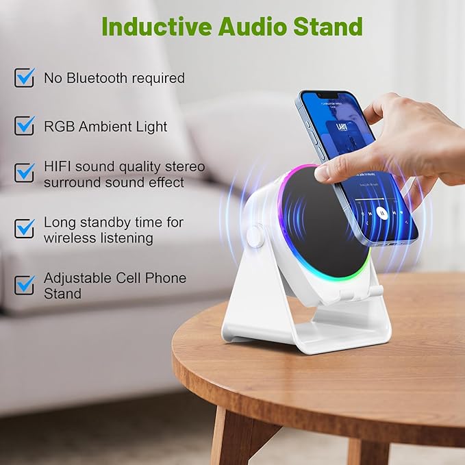 Wireless Induction Audio Bluetooth Speaker, 4 in 1 Phone Stand Speakers Amplifier with Colorful Ambient Light,360° Adjustable Holder for Tablet iPhone Android, Gifts for Men Women Teens-White