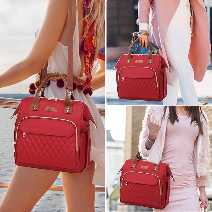 AIJIEKE Lunch Bag for Women, Leakproof & Insulated Work Lunch Box Tote, Reusable Adult Cooler Bag with Water Bottle Side Pocket & Removable Shoulder Strap, Red