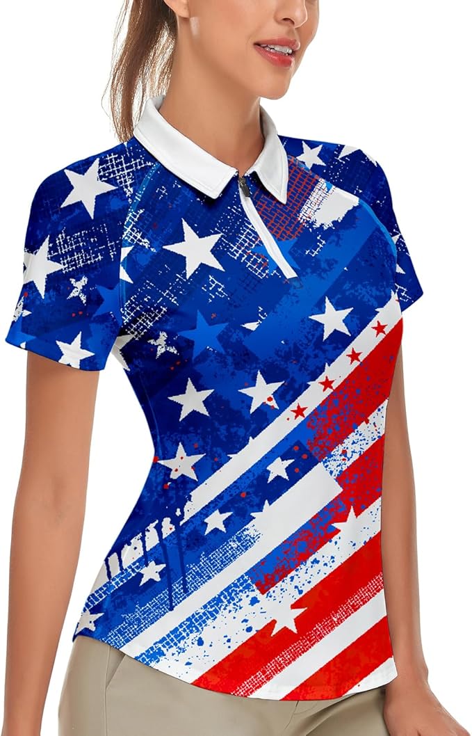 Women's Golf Shirt Short Sleeve Tennis Shirt Quarter Zip Golf Pullover Golf Polo Shirts Argyle Tops