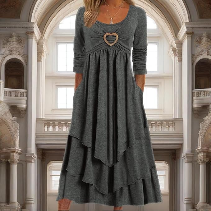 Winter Dresses for Women Wedding Guests Casual Cute Heart Long Sleeve Tiered Maxi Dress with Pockets Plus Size