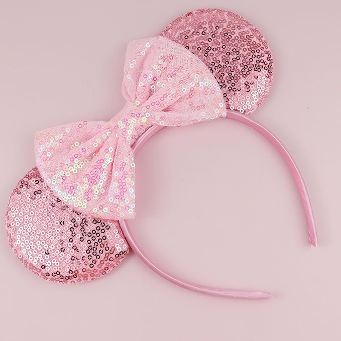 LIHELEI Mouse Ears Headband for Princess, Pink Headbands for Women Halloween Costume, Sequin Bows Headwear Hair Accessories for Women - Pink