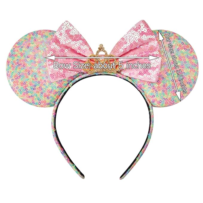 RAZKO Sequin Mouse Ears Headband, Rainbow Iridescent Mice ears Hairband for Women Girls Princess Hair Accessories (Rainbow Crown L)
