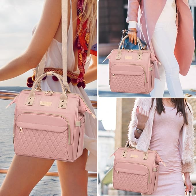 AIJIEKE Lunch Bag for Women, Leakproof & Insulated Work Lunch Box Tote, Reusable Adult Cooler Bag with Water Bottle Side Pocket & Removable Shoulder Strap, Pink