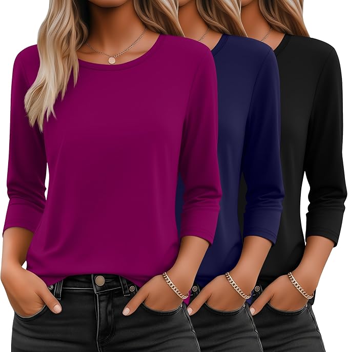 Ficerd 3 Pack 3/4 Sleeve Tops for Women Round Neck Dressy Basics Tees Casual Trendy Loose Fit T Shirts