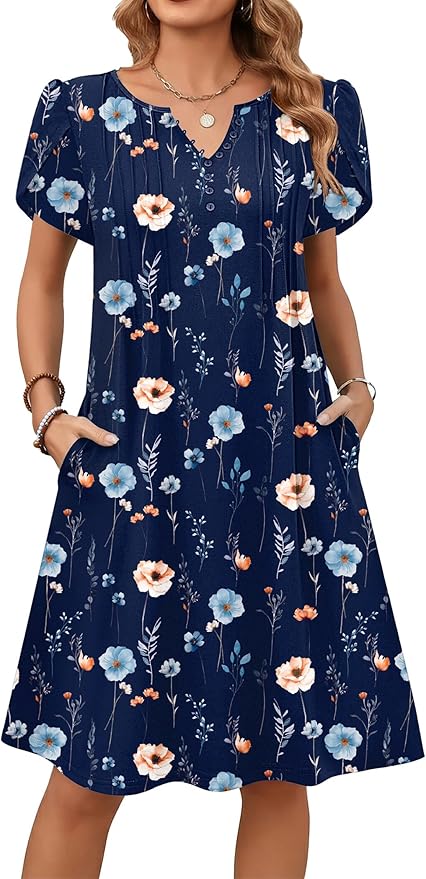 Zeagoo Women's Casual Dresses with Pockets Summer Floral V-Neck A-Line Tshirt Dress Short Sleeve Mini Dress Beach Sundress