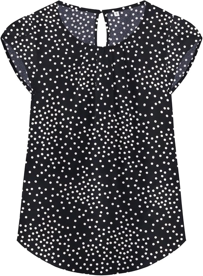 TASAMO Women's Casual Round Neck Basic Pleated Top Cap Sleeve Curved Keyhole Back Chiffon Blouse