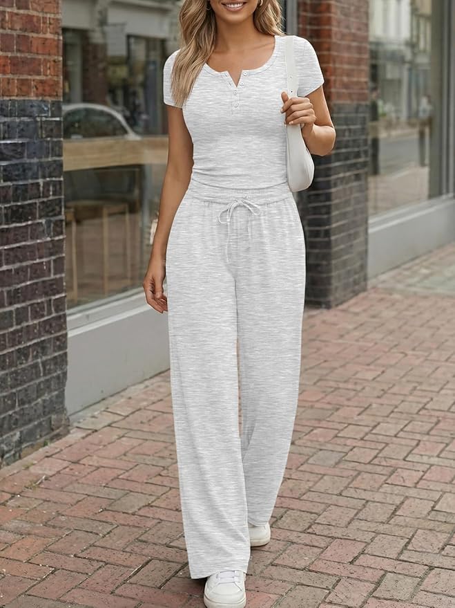Trendy Queen Women's 2 Piece Matching Lounge Sets Summer Henley Neck Slightly Crop Top Wide Leg Pants Casual Sweat Suit