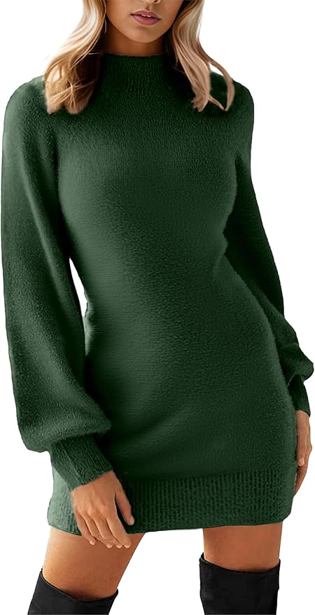 GRECERELLE 2026 Women's Mock Neck Ribbed Long Sleeve Bodycon Pullover Cute Mini Sweater Dress (XS-2XL)