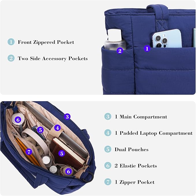 AOCINA Puffer Tote Bag for Women Quilted Work Bag Nurse Bags Women's Shoulder Handbags for Travel Gym Gifts Laptop Purse