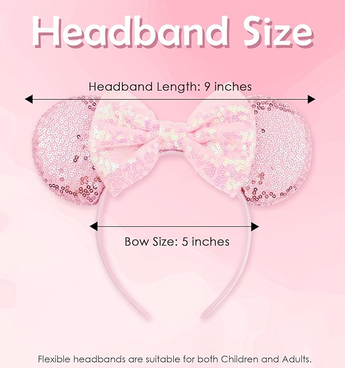 LIHELEI Mouse Ears Headband for Princess, Pink Headbands for Women Halloween Costume, Sequin Bows Headwear Hair Accessories for Women - Pink