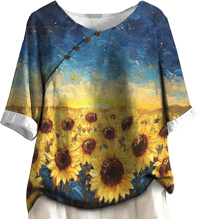 Women's Shirts Dressy Casual Asymmetric Side Button Down Design Tops Summer Loose Fit Crewneck Graphic Tees