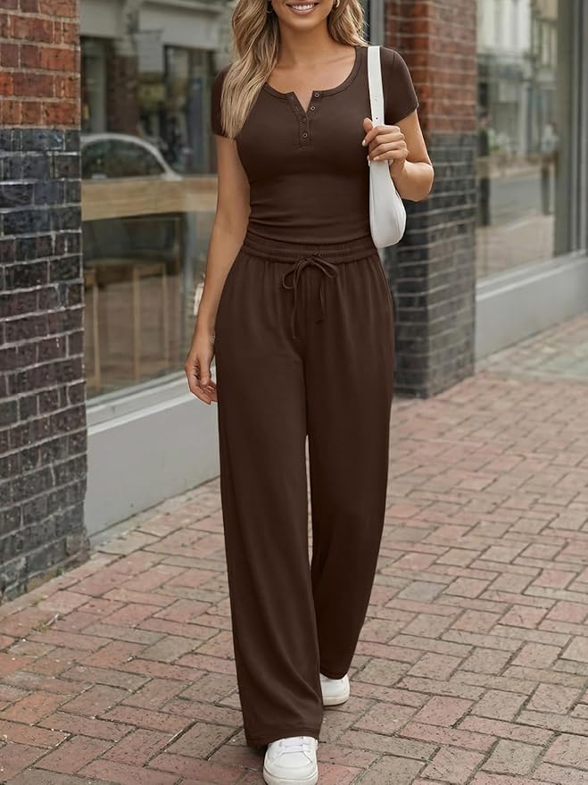 Trendy Queen Women's 2 Piece Matching Lounge Sets Summer Henley Neck Slightly Crop Top Wide Leg Pants Casual Sweat Suit