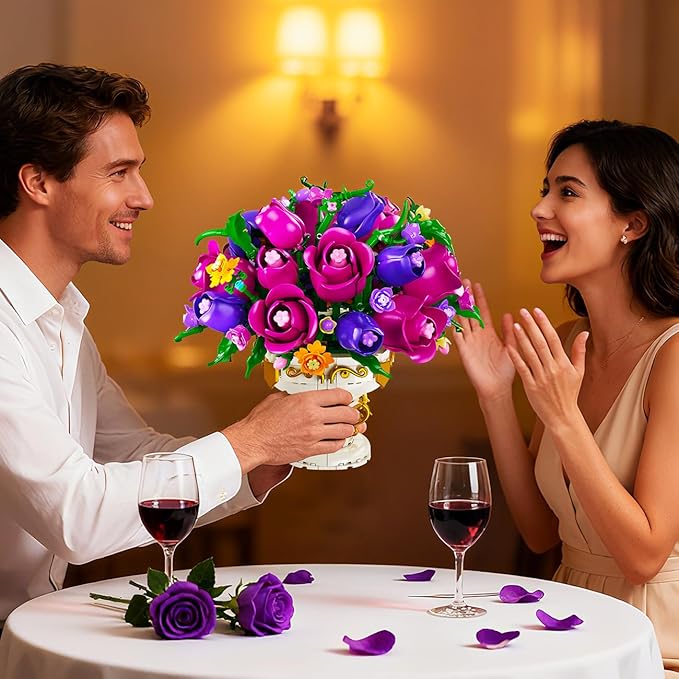 PLAXSOON Purple Rose Flower Building Set with Vase, 969 PCS Botanicals Flowers Bouquet Building Block Kit, 18 Roses Bonsai Collection Home Decor, Valentine's Day Gift for Adults Women Boys Girls 12+