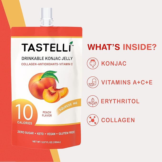 Tastelli Konjac Jelly Infused with Collagen & Vitamin C | Gluten Free, Sugar Free, Low Calorie | Vegan Drinkable Fruit Jelly Snack | Peach | 150mL x 10 Pouches