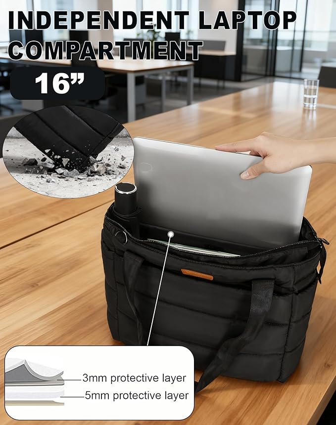 Quilted Puffer Tote Bag for Women, Waterproof Lightweight Work Bag for Nurse/Commuter with 16" Laptop Pocket | Puffer Tote Bag
