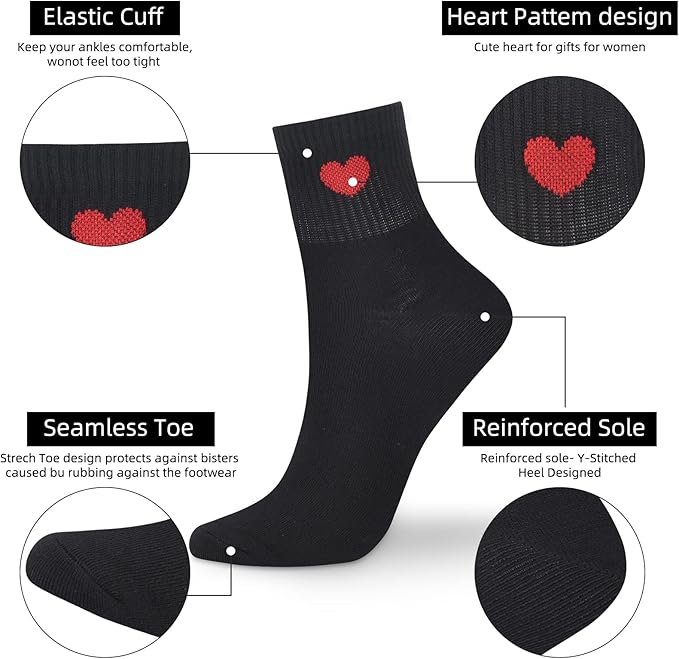 Corlap Women's Cute Cotton Crew Athletic Running Socks - Ankle High, Novelty Fun Heart Design 5-Pairs (Gift Box)