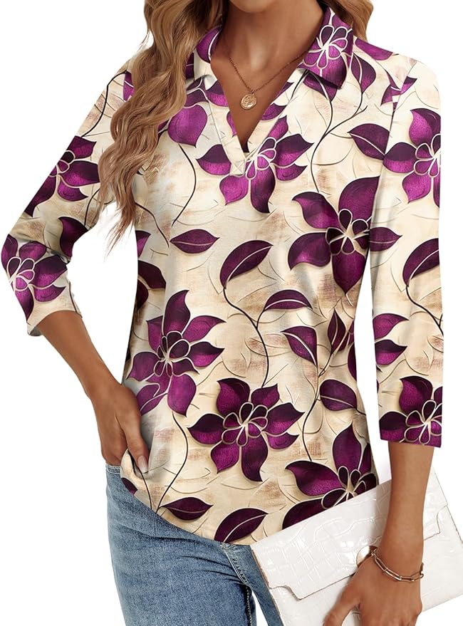 3/4 Length Sleeve Womens Tops Dressy Casual V Neck Polo Shirts Business Work Blouses 2025 Trendy Tunic Top