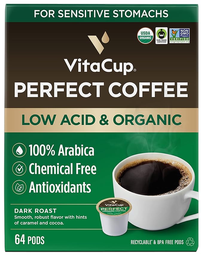 VitaCup Perfect Low Acid Coffee Pods, USDA Organic & Fair Trade, Mycotoxin Free, Dark Roast Guatemala Single Origin, Clean & Pure Recyclable Single Serve Pod compatible w/Keurig K-Cup Brewers,64 CT