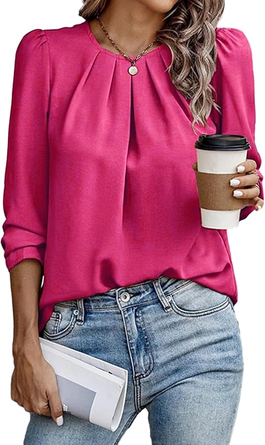 Samefar Womens Tops Dressy Casual Pleated Crew Neck Long Sleeve Shirts Office Work Chiffon Blouses