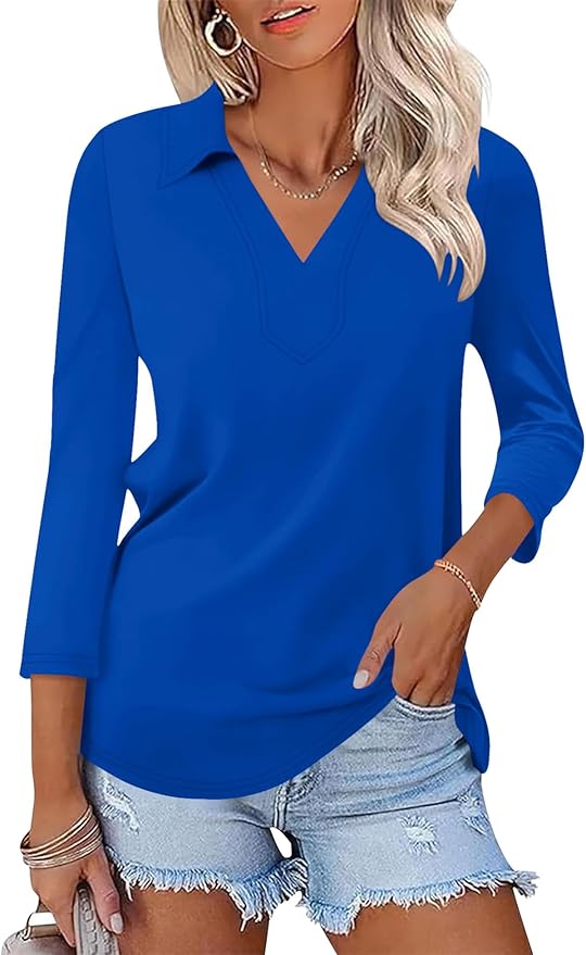 LOMON 3/4 Length Sleeve Womens Tops 2026 Spring Summer Collared Polo Shirts V Neck Casual Basic Polos Tees Shirt