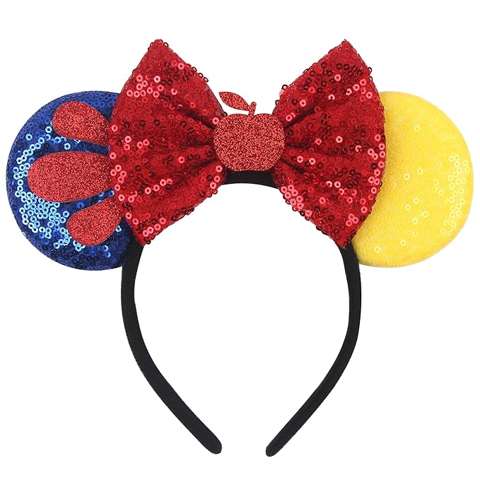 zhezesmila Mouse Ears Headbands Snow White, Princess Headbands Cospaly with Red Star Blue Sequin Bow, Hairs Accessories for Women Adult Birthday Party