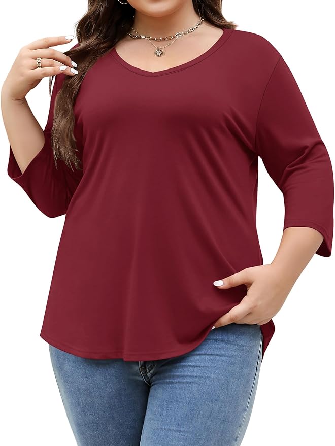TFSDOD Womens Plus Size Tops V Neck T Shirts 3/4 Sleeve Blouse Summer Casual Tees XL-5X