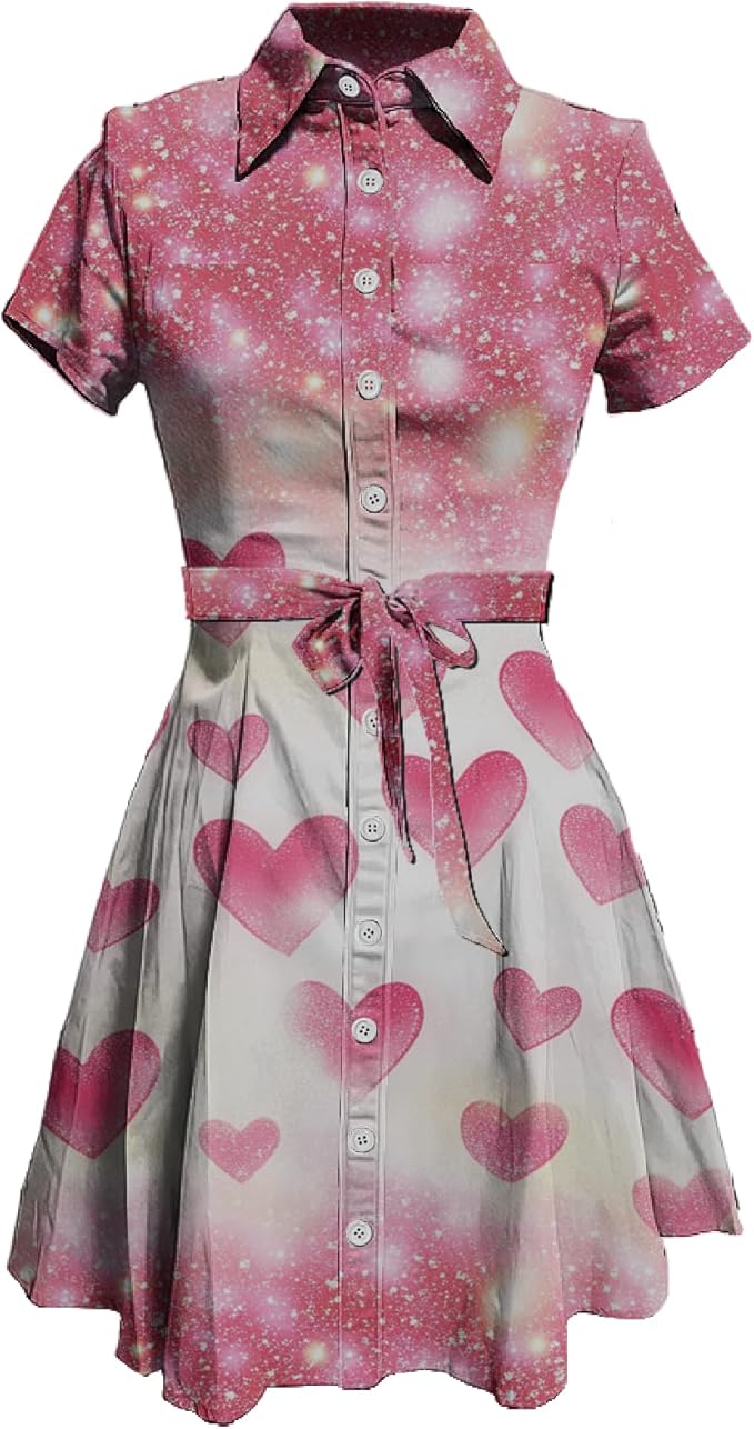 MARSVOVO Cute T Shirt Dress for Women Short Sleeve Button Up Tie Waist Elegant Casual Collared Smocked Midi Dress