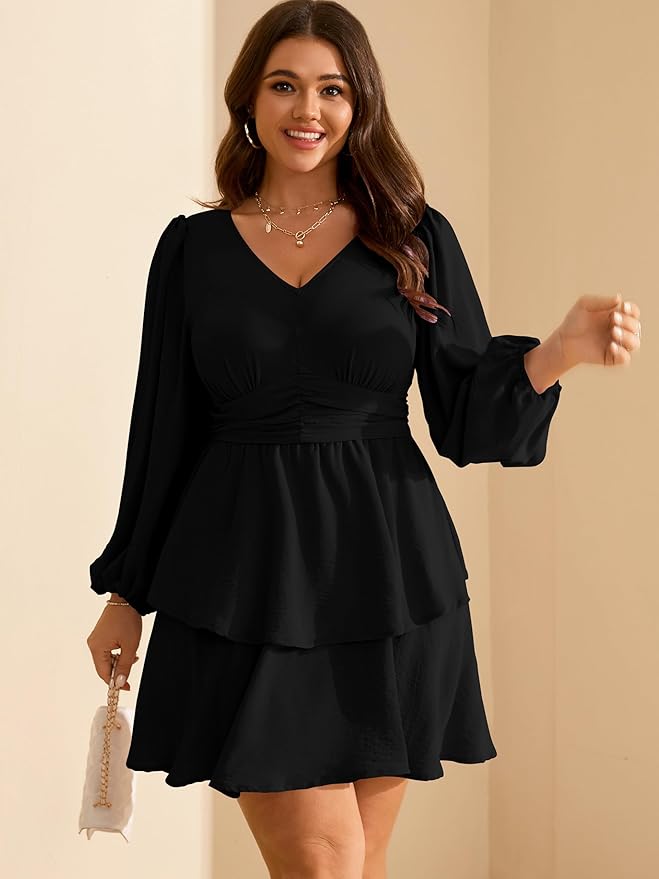 RWJ Plus Size Dresses for Curvy Women V Neck Long Sleeve Elastic Waist Fall Wedding Guest Layer Casual Mini Dress