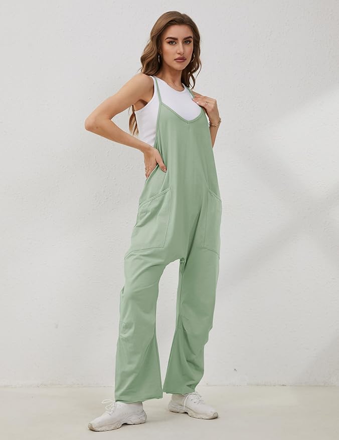 Lentta Women's Causal Jumpsuits V Neck Sleeveless Harem Overalls Stretchy Adjustable Strap Romper with Pockets