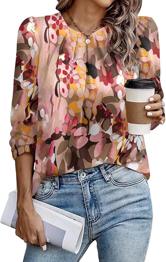 Samefar Womens Tops Dressy Casual Pleated Crew Neck Long Sleeve Shirts Office Work Chiffon Blouses