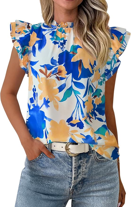 PRETTYGARDEN Women's Ruffle Short Sleeve Summer Tops 2026 Trendy Floral Trim Neck Casual Dressy Chiffon Boho Blouses Shirts