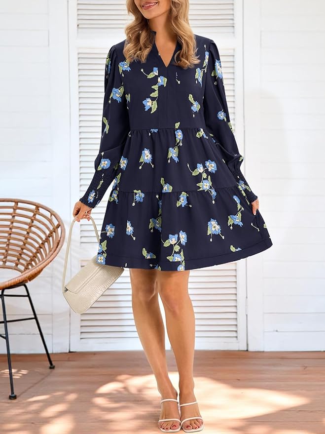 Imily Bela Womens Fall Long Sleeve Tunic Dress Casual V Neck Loose Ruffle Tiered Dress