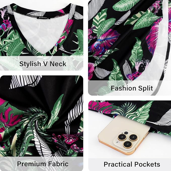 Arolina Women's Summer Maxi Dress Short Sleeve V Neck Casual Loose Long Beach Split Dresses with Pockets