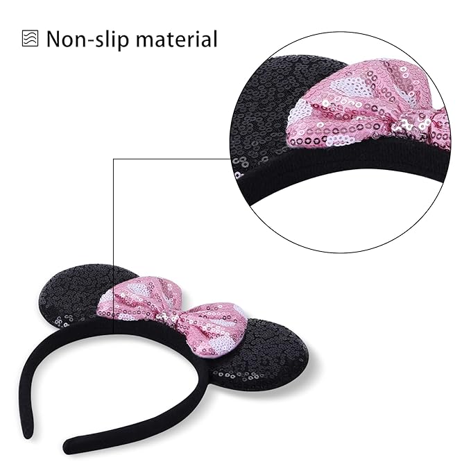 Twineek 2 Pcs Pink Mouse Ears Sequin Headbands,Shiny Bows Headbands, A Perfect Addition to Your Trip Essentials Accessories for Women Grils Princess Decoration Costume Cosplay