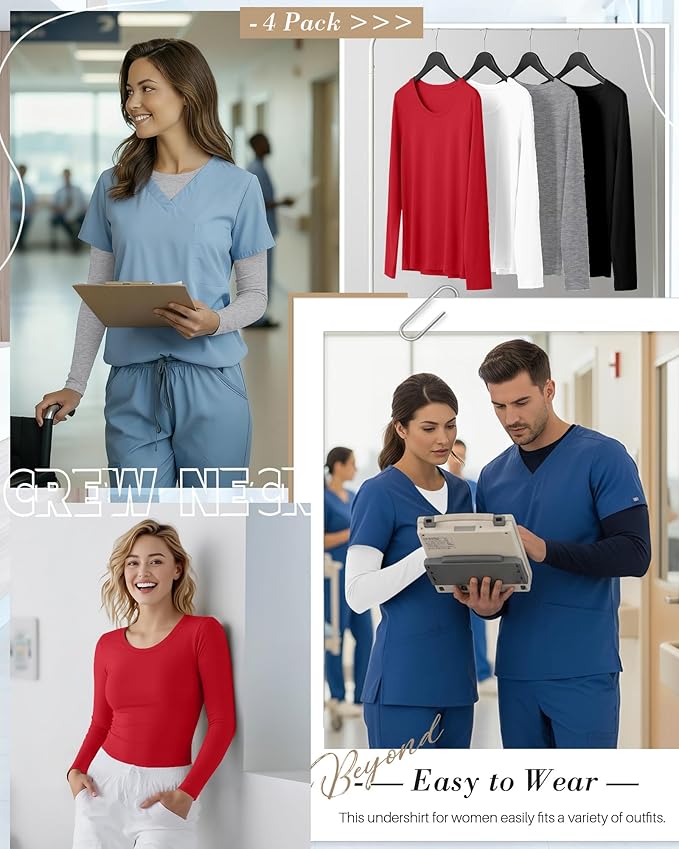 4 Pack Women's Underscrub Shirts Nurse Undershirts Long Sleeve Crewneck Slim Fit Tops Soft Stretchy Basic Tee