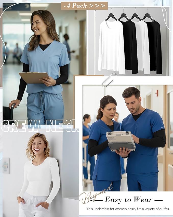 4 Pack Women's Underscrub Shirts Nurse Undershirts Long Sleeve Crewneck Slim Fit Tops Soft Stretchy Basic Tee