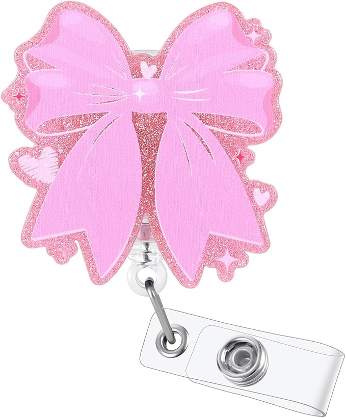 Pink Bow Heart Badge Reel, Cute Retractable ID Card Badge Holder, Name Tag Work Badge Clip for ICU RN LPN CNA MA ER Night Shift Nurse Nursing Student Pediatric Doctor Librarian Teacher, Nurse Gifts