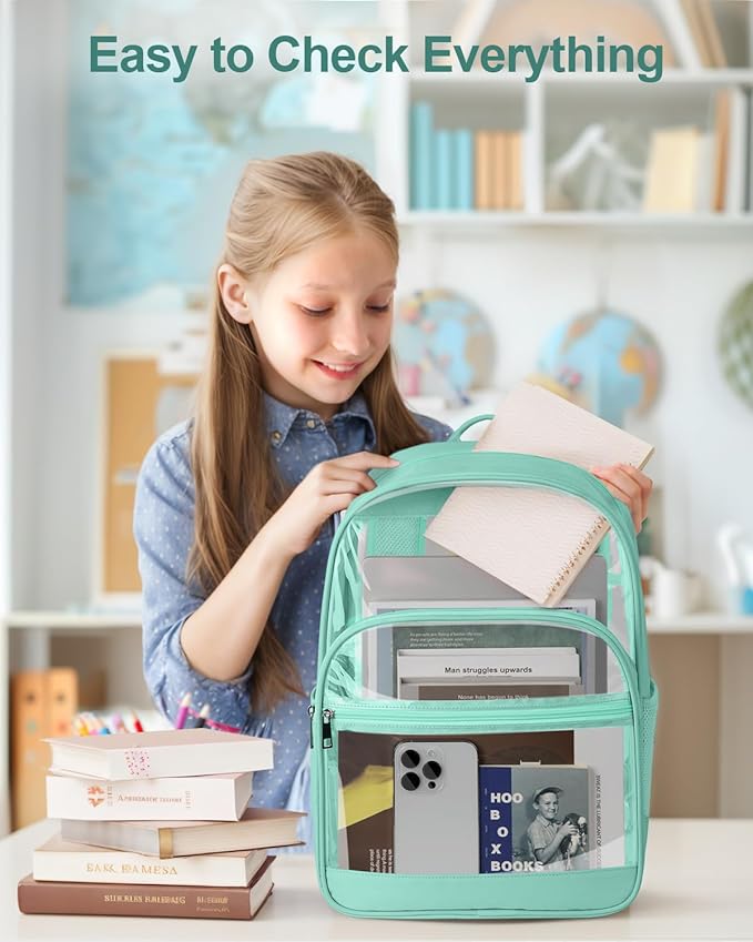 KIMNERPU Clear Backpack, Heavy Duty Transparent Bookbag for School, Fabric & PVC Transparent Backpack with Reinforced Strap for Women Men, Capacity Clear Bag for College, Turquoise