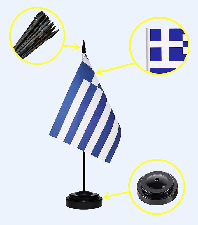 USA American & Greece Greek Desk Flags, US Greece Office Table Flag, Small Mini Miniature Greek and US Desktop Flag With 13" Solid Black Pole, Black Base