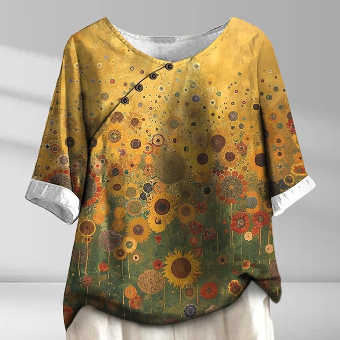 Women's Shirts Dressy Casual Asymmetric Side Button Down Design Tops Summer Loose Fit Crewneck Graphic Tees