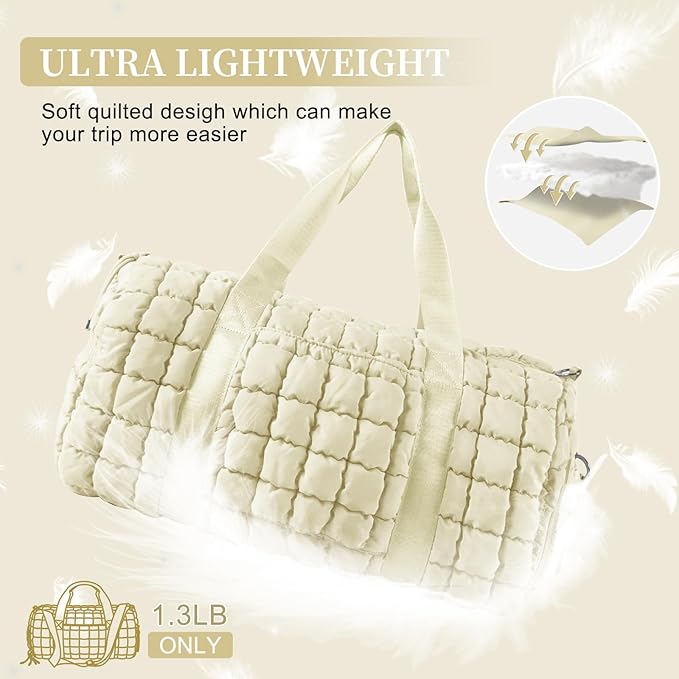 Quilted Travel Duffle Bag Gym Bag for Women,Large Puffer Duffle Weekender Bag with Compartment,Workout Overnight Carry on Organizer Bag Duffle Bag for Airplane Travel(Off-white)
