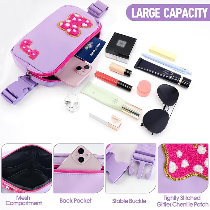 Chenille Initial Letter Bow Mouse Fanny Pack, Waterproof Park Crossbody Bag Christmas Birthday Gifts for Teen Girls Daughter Women Kids Adults, Cute Belt Bag Must Haves for Park Travel (J, Purple)