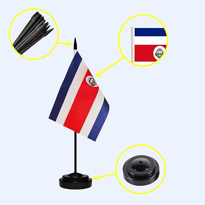 USA American & Costa Rica Costa Rican Desk Flags, US Costa Rica Table Flag, Small Mini American & Costa Rican Twin Table Office Flag, Miniature Costa Rican and US Desktop Flag With 13" Solid Black Pole, Black Base