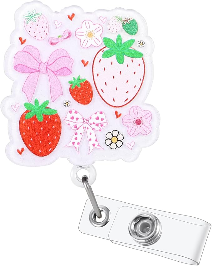 Strawberry Bow Badge Reel, Cute Retractable ID Card Badge Holder, Name Tag Medical Badge Buddy for RN MA LPN CNA PCA NICU Night Shift Nurse OB/GYN Doctor Student Librarian Psychologist Teacher Workers